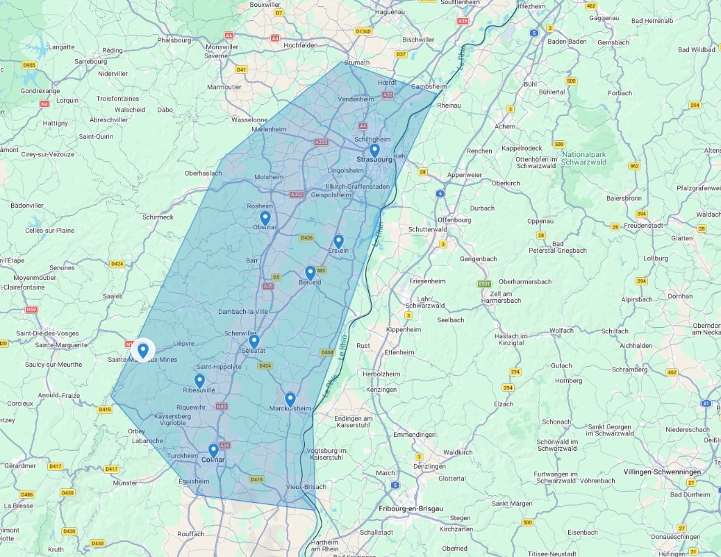Carte des zones d’intervention Max DépanAlsace entre Strasbourg, Sélestat et Centre Alsace